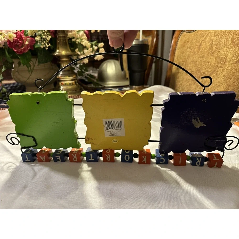Trick Or Treat Door Hanger Black Cat Frankenstein Pumpkin Tiles Blocks 15 Inch